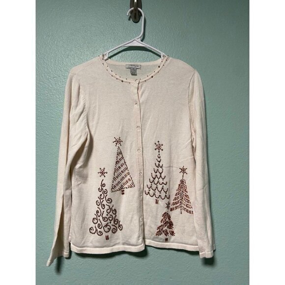 Mercer Street Studion Women's Cream and Gold Christmas Tree Sweater Cardigan Med - Picture 1 of 7